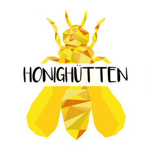 Logo Honighütten - gelbe Biene mit Schriftzug in der Mitte