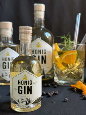 Bio-Honig Gin Flasche klein (100ml)	Bio Honig Gin 100ml Flasche von Honighütten – handgemachter Gin mit bayerischem Bio-Honig